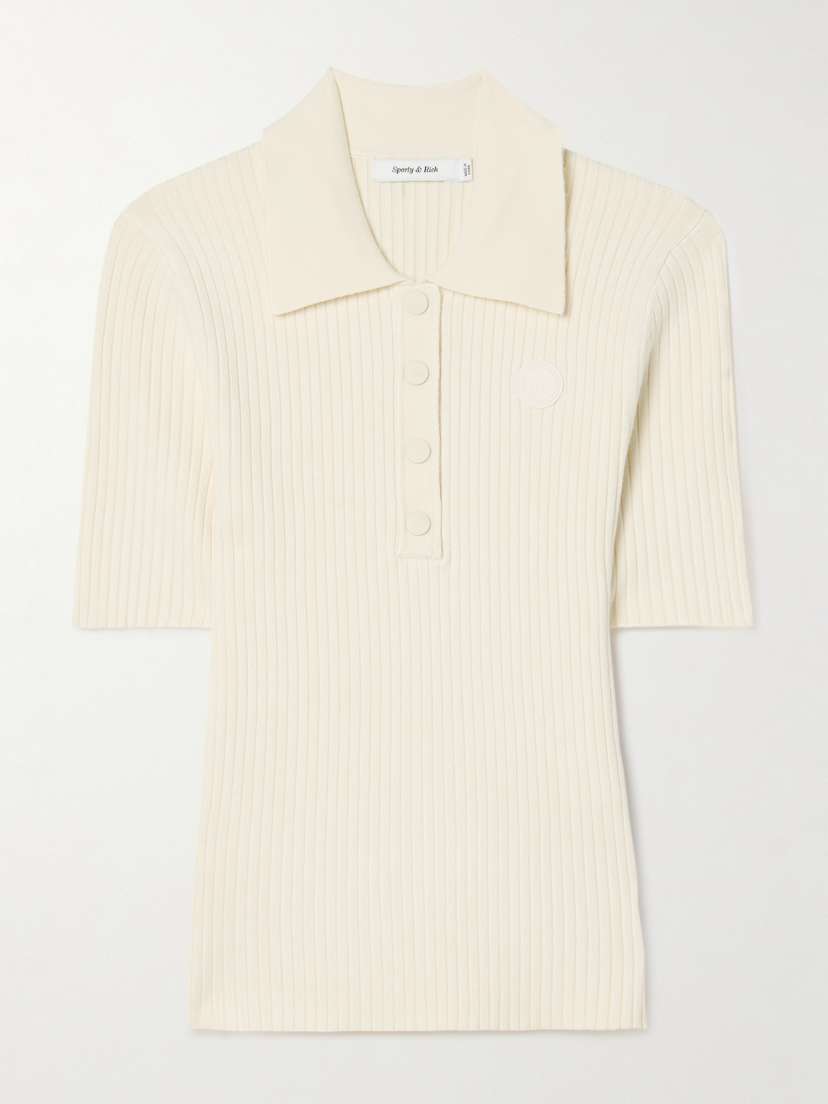 Sporty & Rich Appliquéd Ribbed-knit Polo Shirt - x large