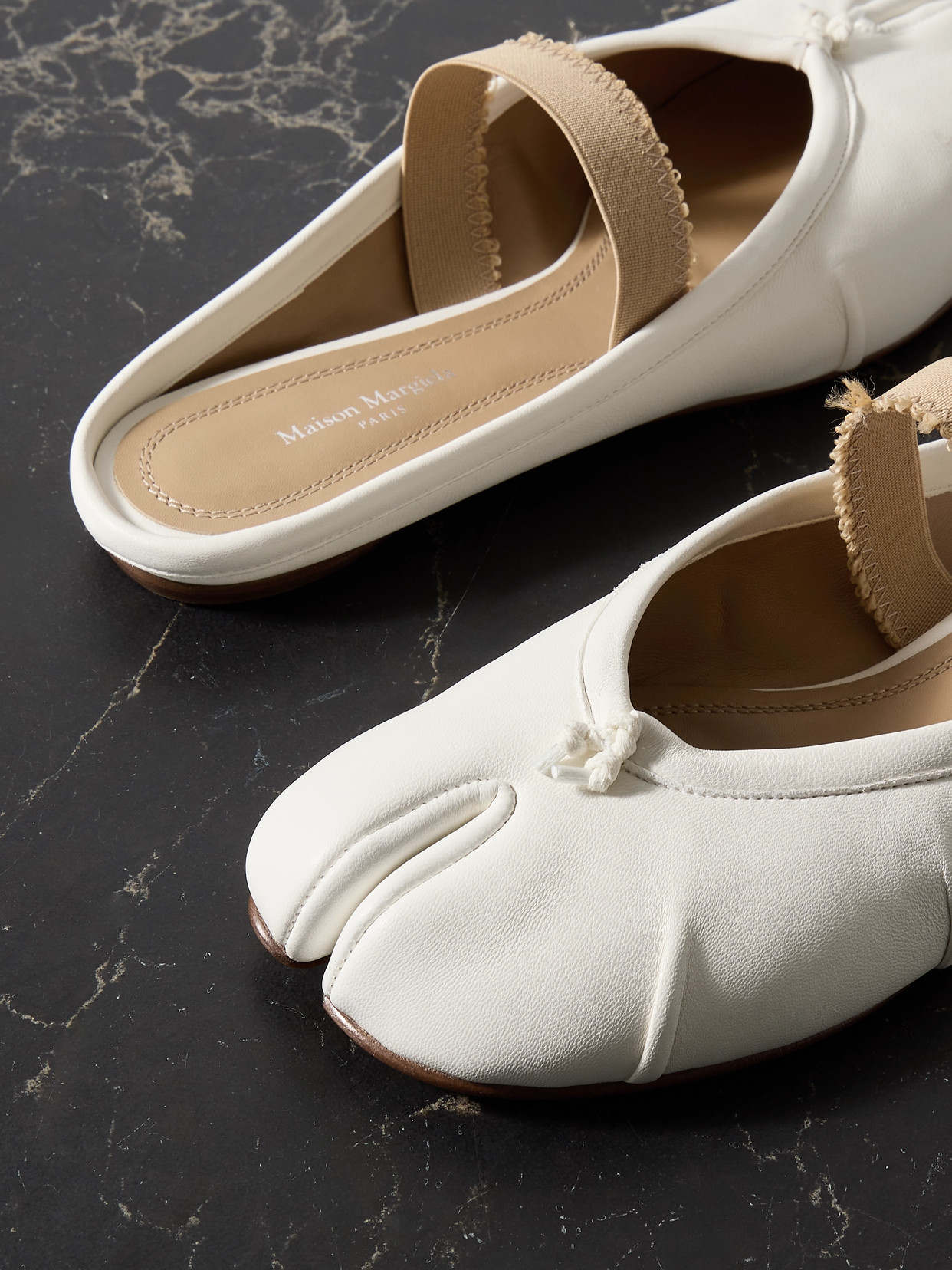 Shop Maison Margiela Tabi Frayed Split-toe Leather Ballet Flats In Ivory