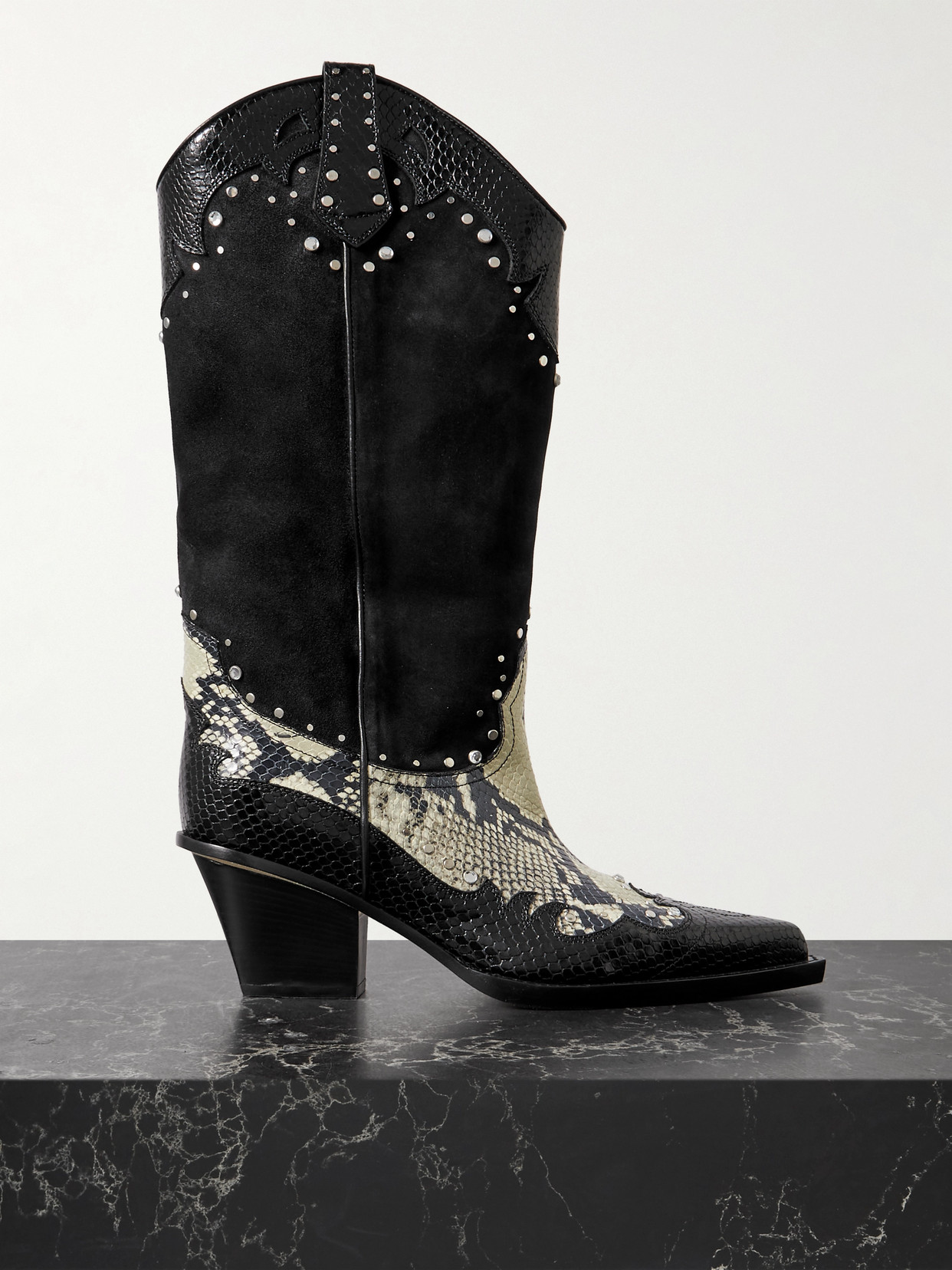 Paris Texas American Flame Snake-effect Leather Embellished Suede Cowboy Boots In Black