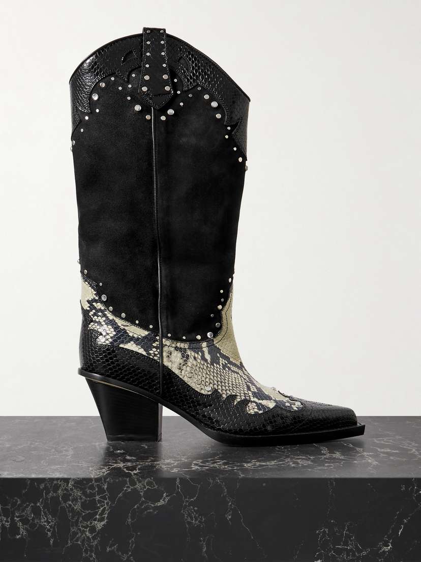 Paris Texas American Flame Snake-effect Leather Embellished Suede Cowboy Boots