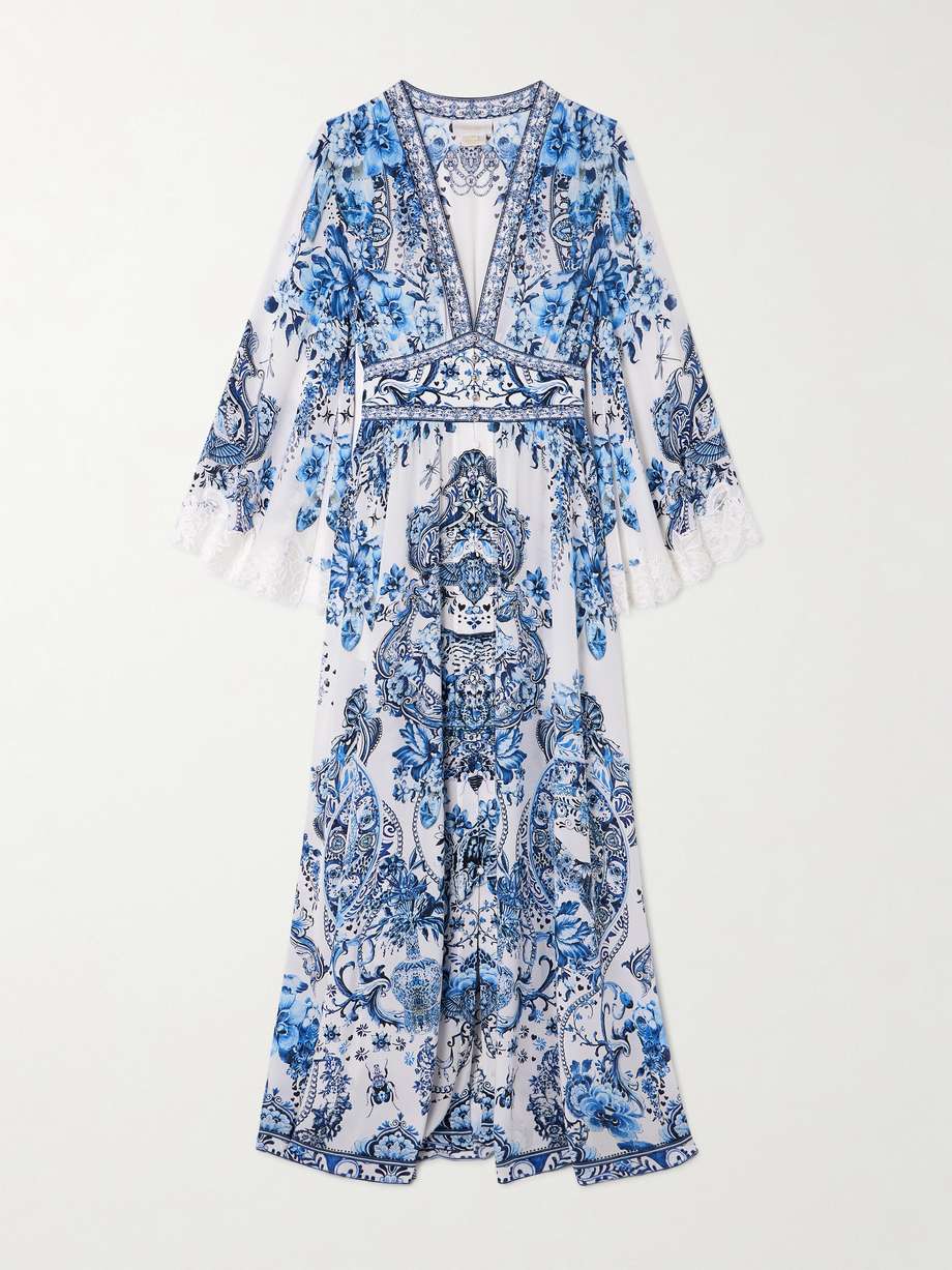 embellished lace-trimmed printed silk crepe de chine maxi dress