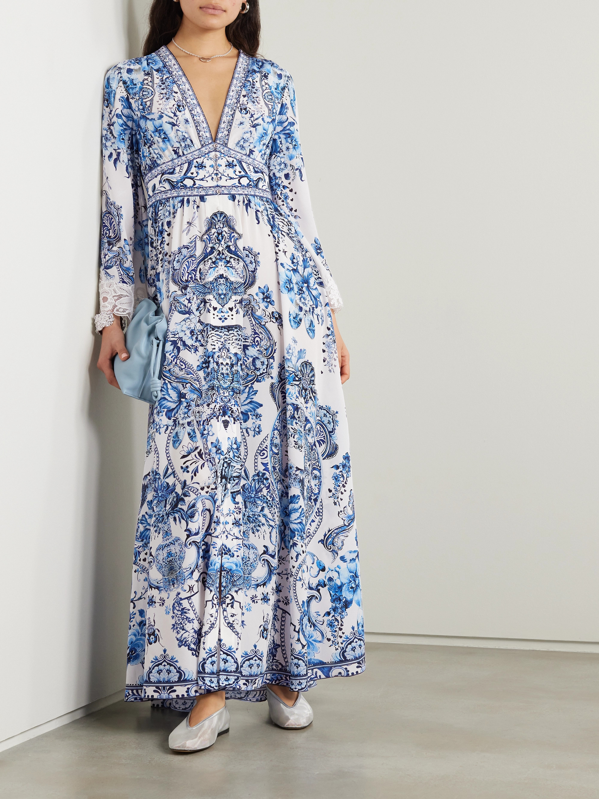 Camilla Embellished lace-trimmed printed silk crepe de chine maxi dress