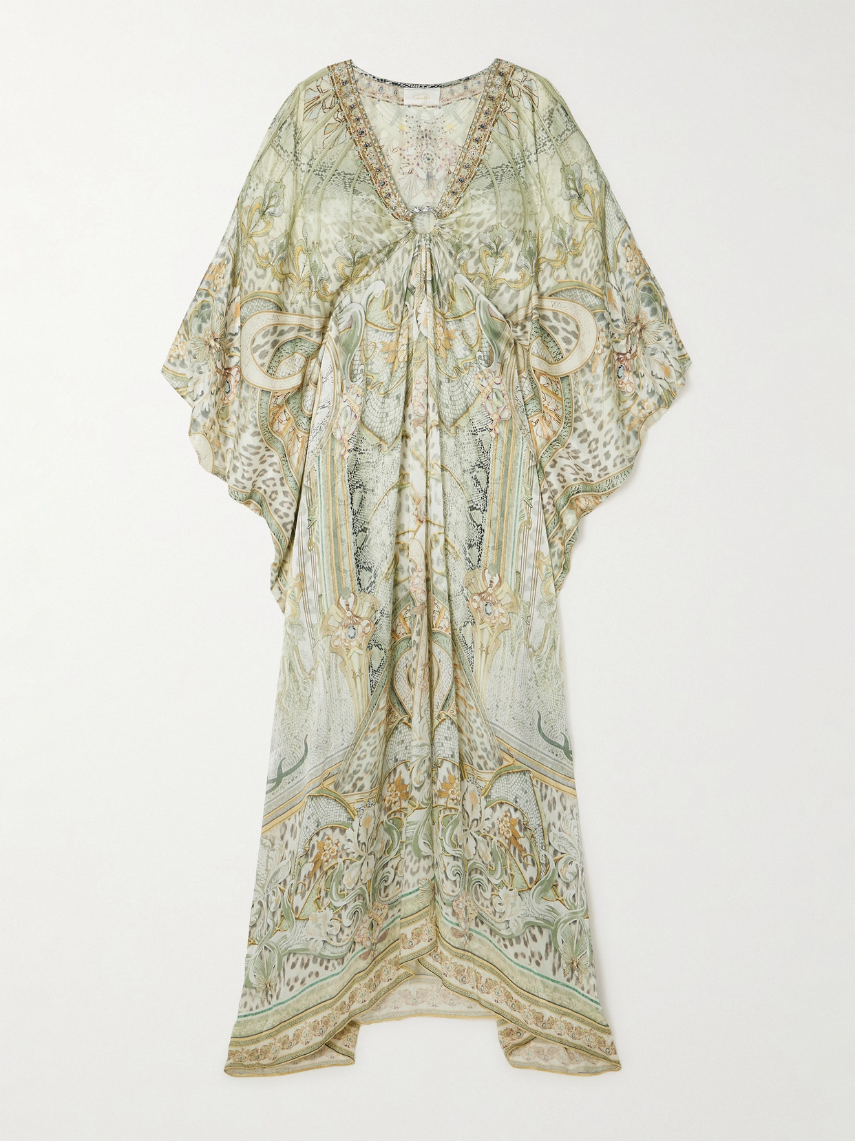 Camilla Embellished Printed Silk-satin Kaftan In Cream