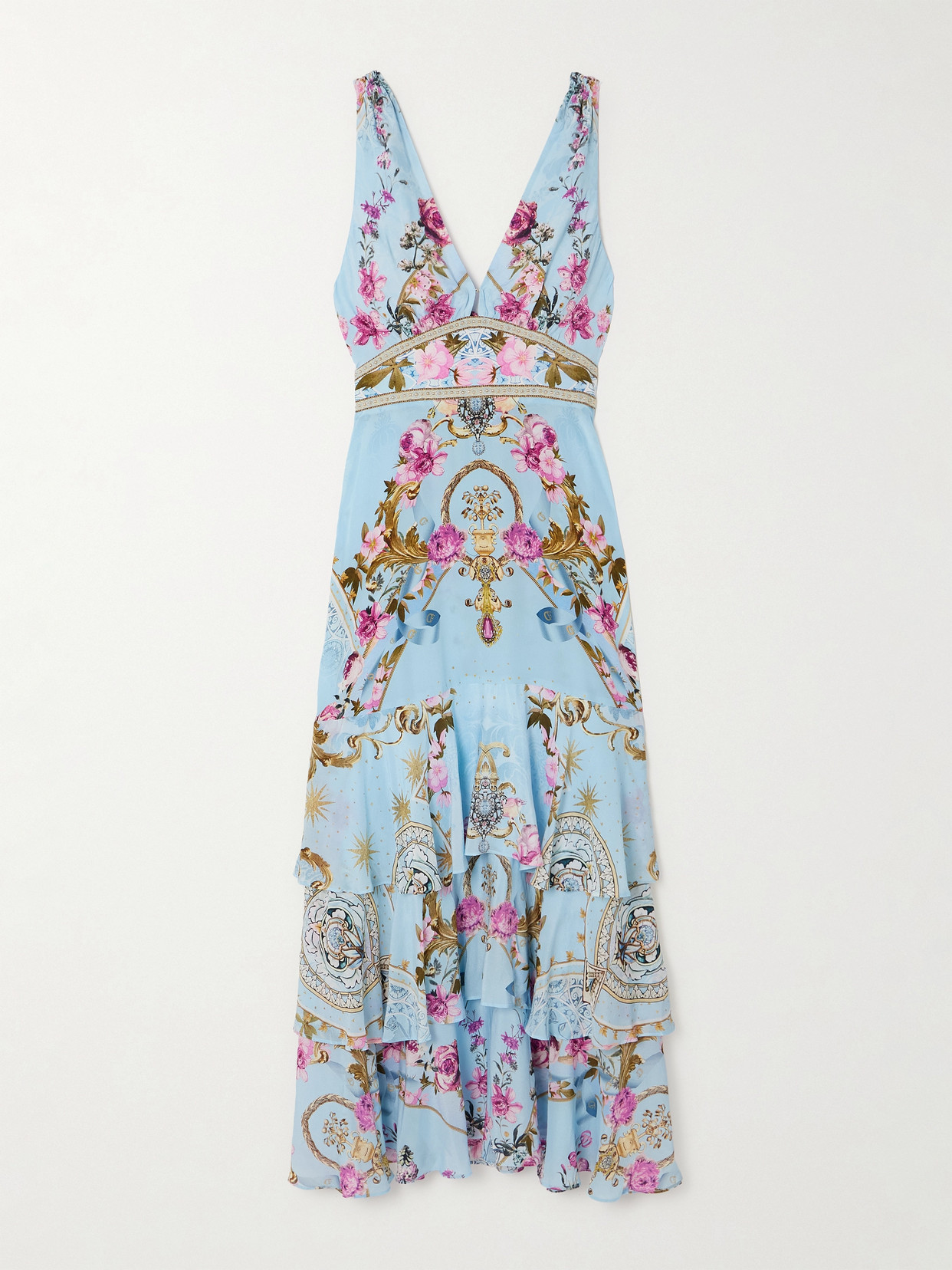 Shop Camilla Embellished Ruffled Printed Silk Crepe De Chine Maxi Dress In Blue