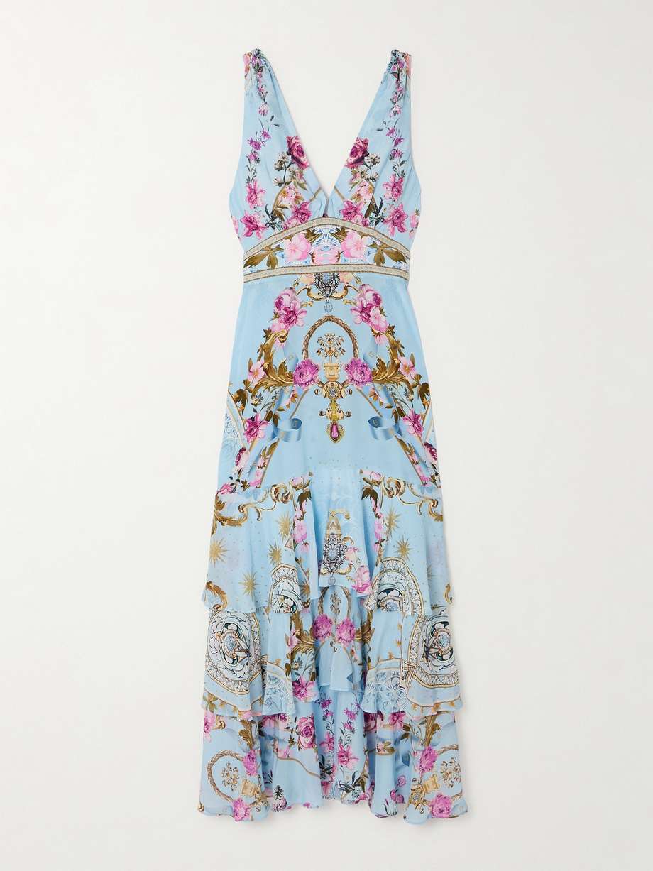 embellished ruffled printed silk crepe de chine maxi dress