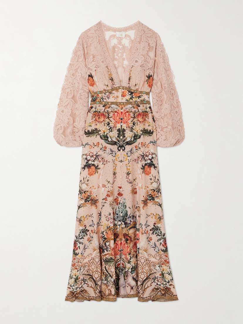 Camilla Embellished Lace-paneled Printed Silk Crepe De Chine Maxi Dress