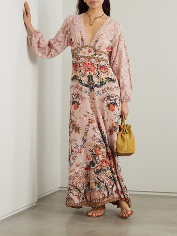 Camilla Embellished lace-paneled printed silk crepe de chine maxi dress
