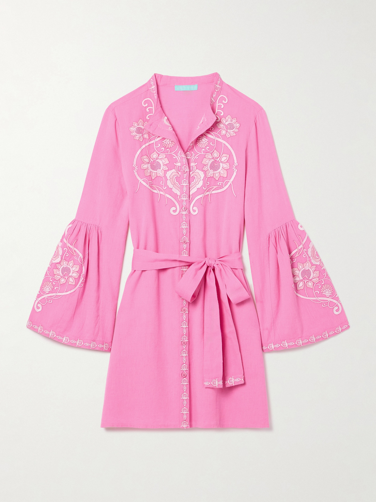 Shop Melissa Odabash Everly Embroidered Cotton And Linen-blend Mini Shirt Dress In Pink