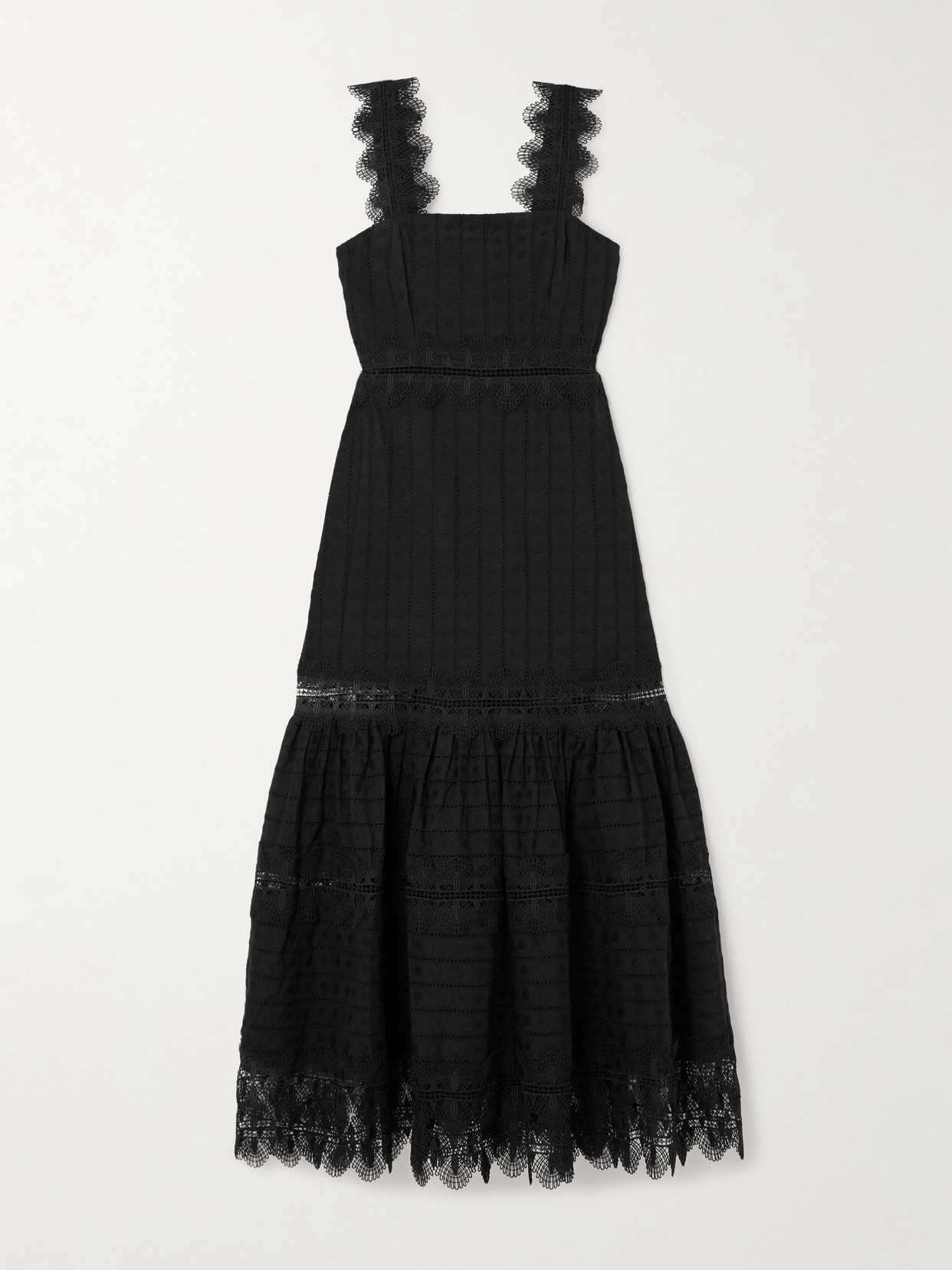 Waimari Ibiza Tiered Guipure Lace-trimmed Cotton Midi Dress In Black