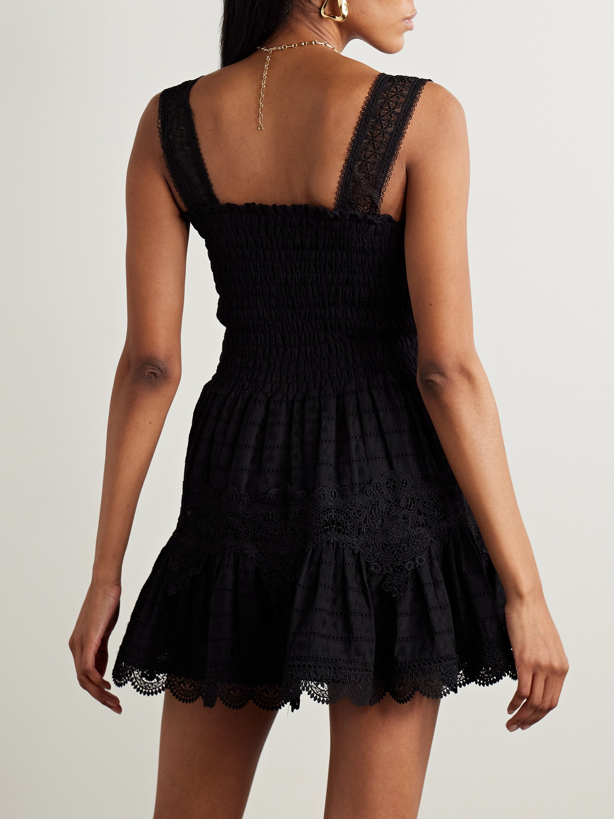 Waimari Leah Shirred Embroidered Guipure Lace And Cotton Mini Dress In Black