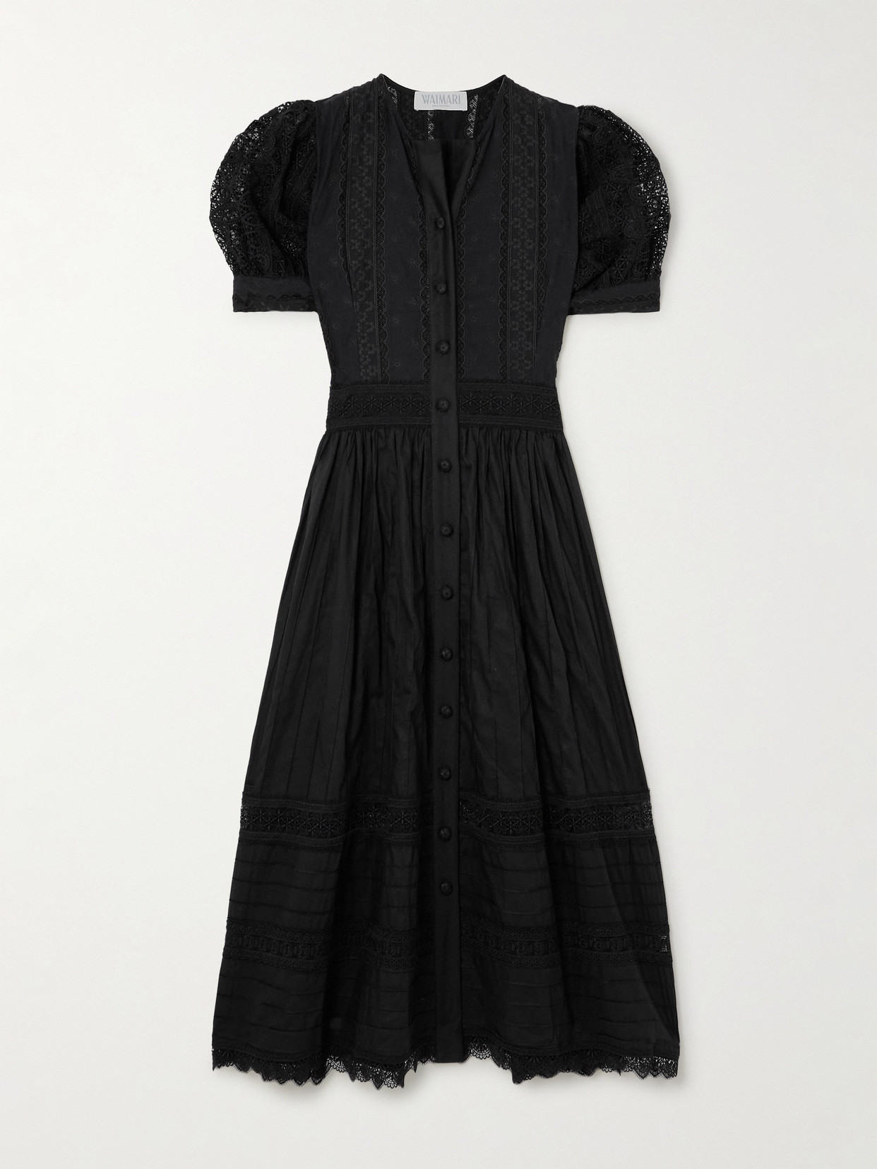 Waimari Juliette Embroidered Pleated Lace-trimmed Cotton-blend Midi Dress In Black