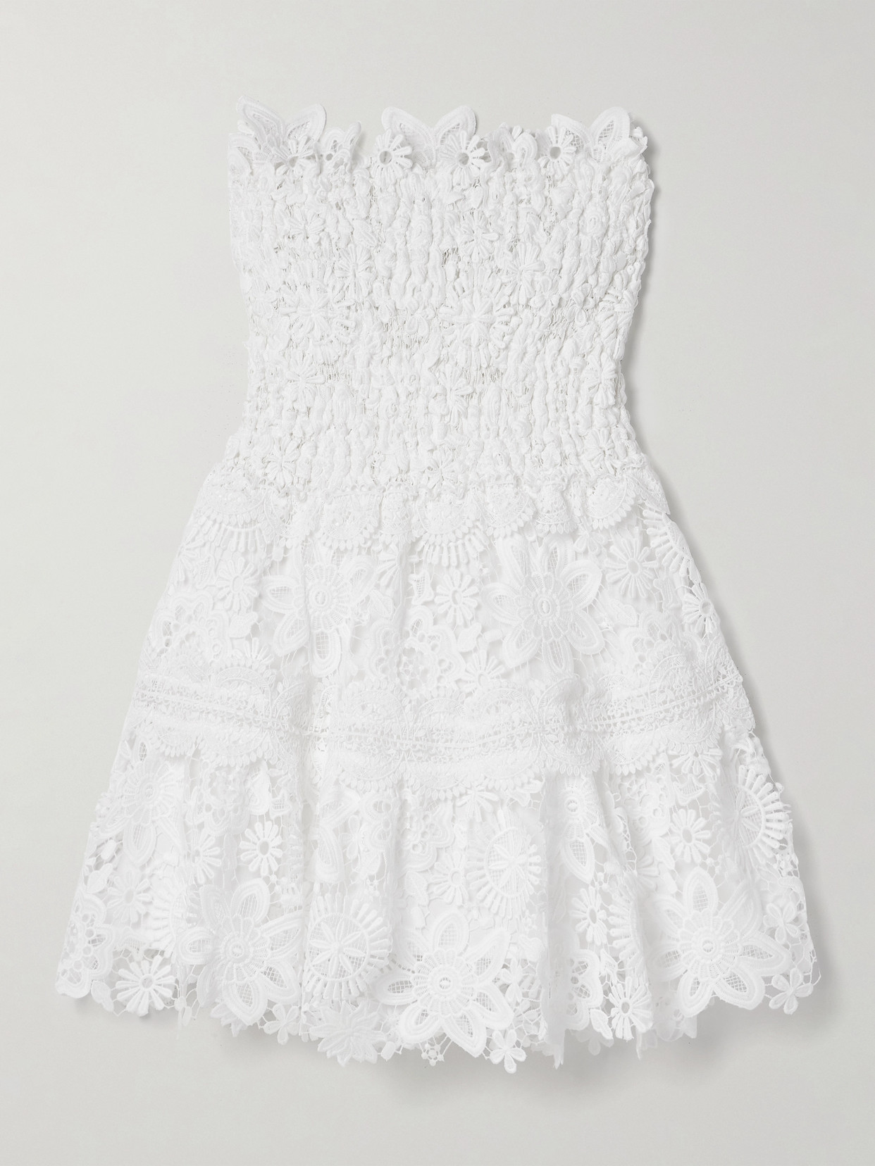 Waimari + Net Sustain Tiffany Strapless Shirred Guipure Lace Mini Dress In White