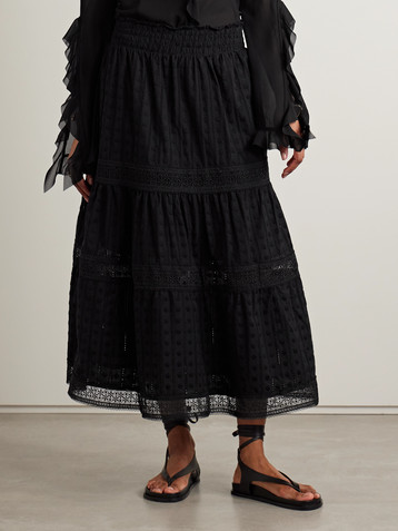 WAIMARI Angela tiered embroidered guipure lace and cotton midi skirt