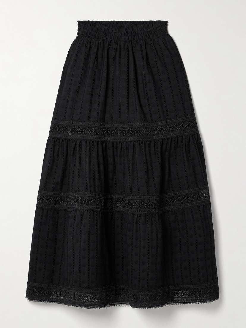 WAIMARI Angela Tiered Embroidered Guipure Lace And Cotton Midi Skirt