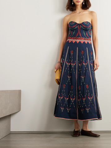 Emporio Sirenuse Lotty Bulls embellished embroidered cotton-blend poplin midi dress