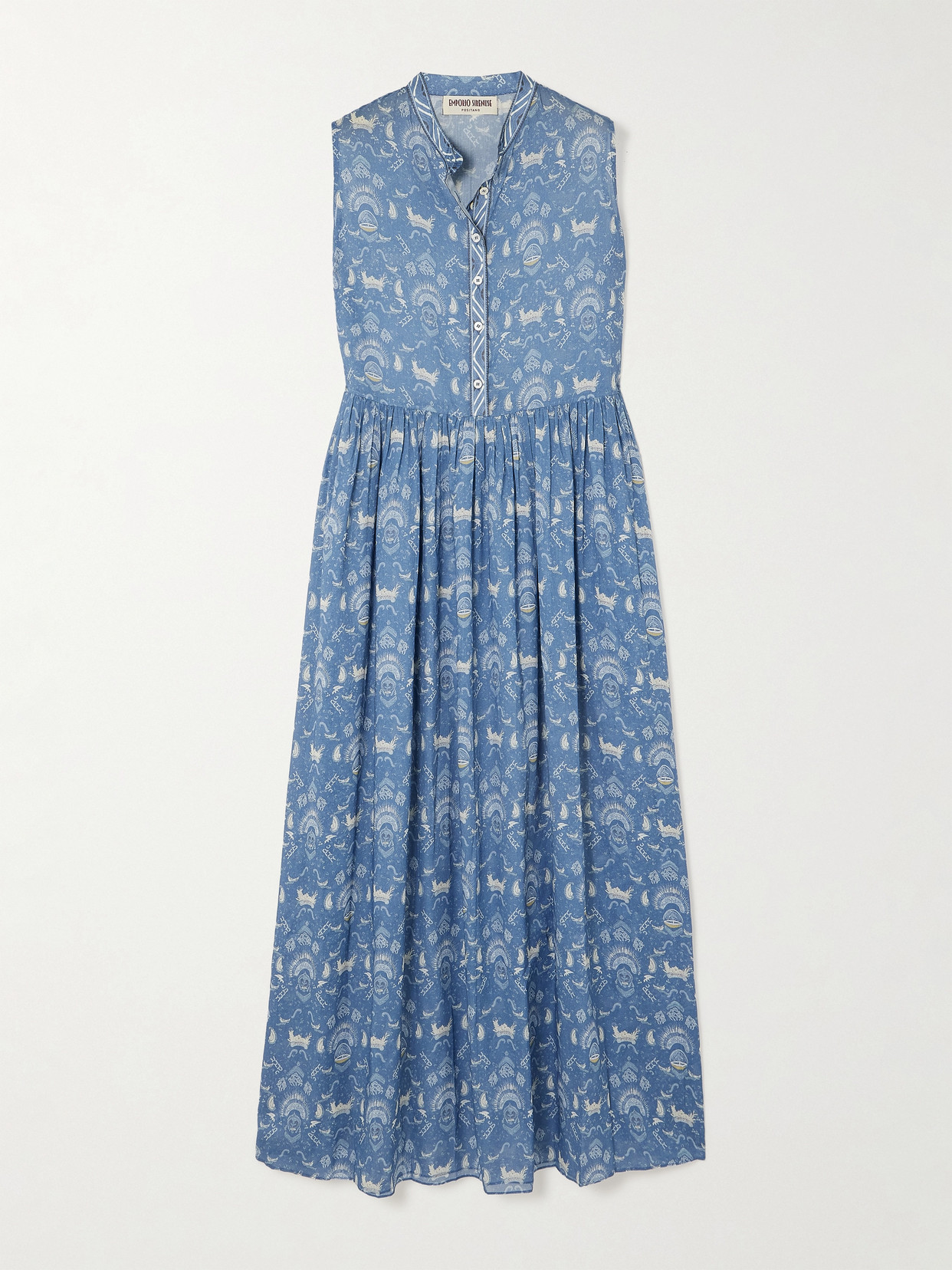 Emporio Sirenuse Berenice Gathered Printed Cotton-voile Maxi Dress In Blue