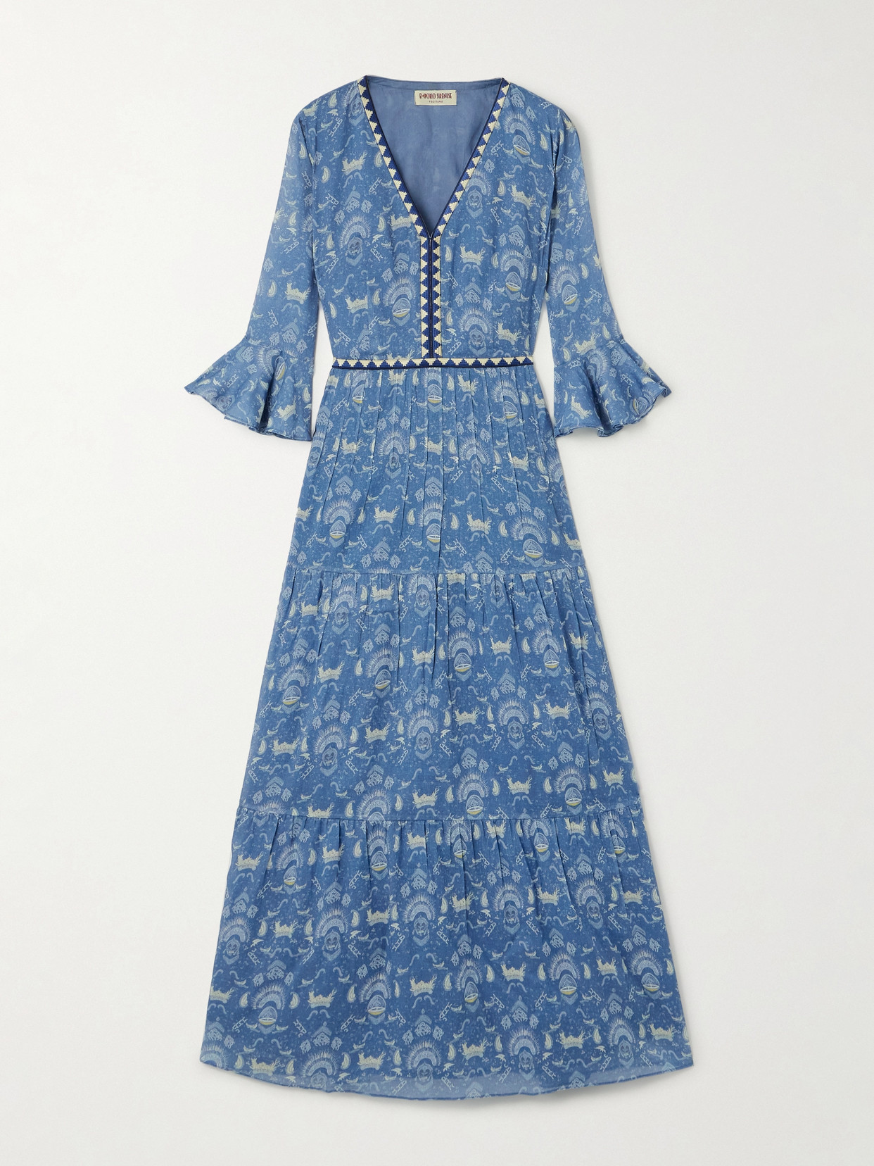 Emporio Sirenuse Bella Batik Tiered Ruffled Printed Embroidered Cotton-voile Maxi Dress In Blue