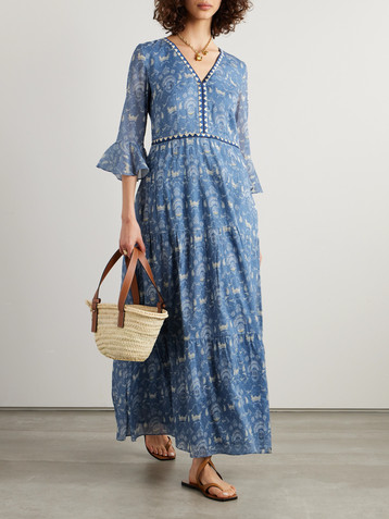 Emporio Sirenuse Bella Batik tiered ruffled printed embroidered cotton-voile maxi dress