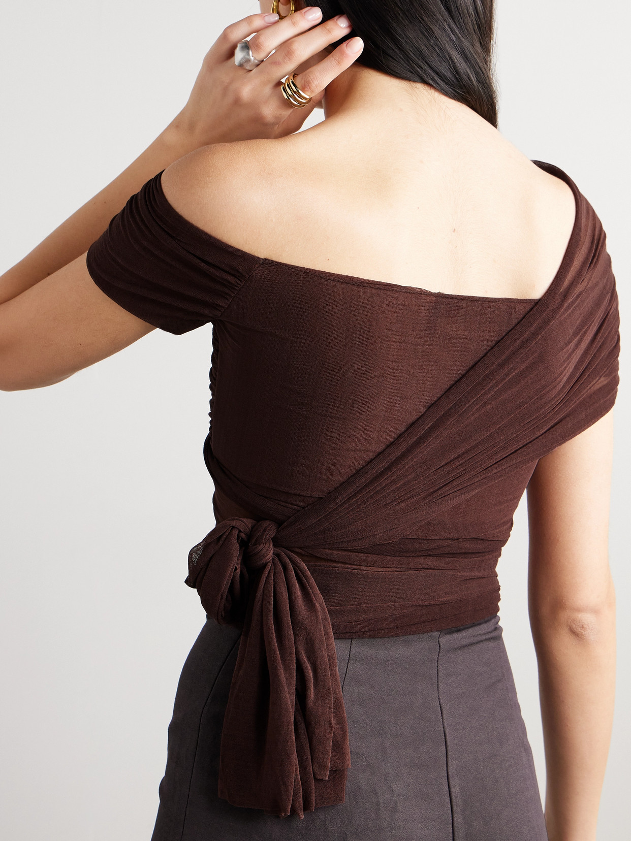 Cortana Tully Off-the-shoulder Draped Silk-blend Tulle Top In Brown