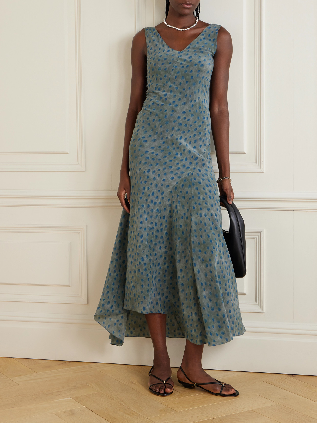 Cortana Lou Asymmetric Draped Printed Silk-georgette Midi Dress In Gray