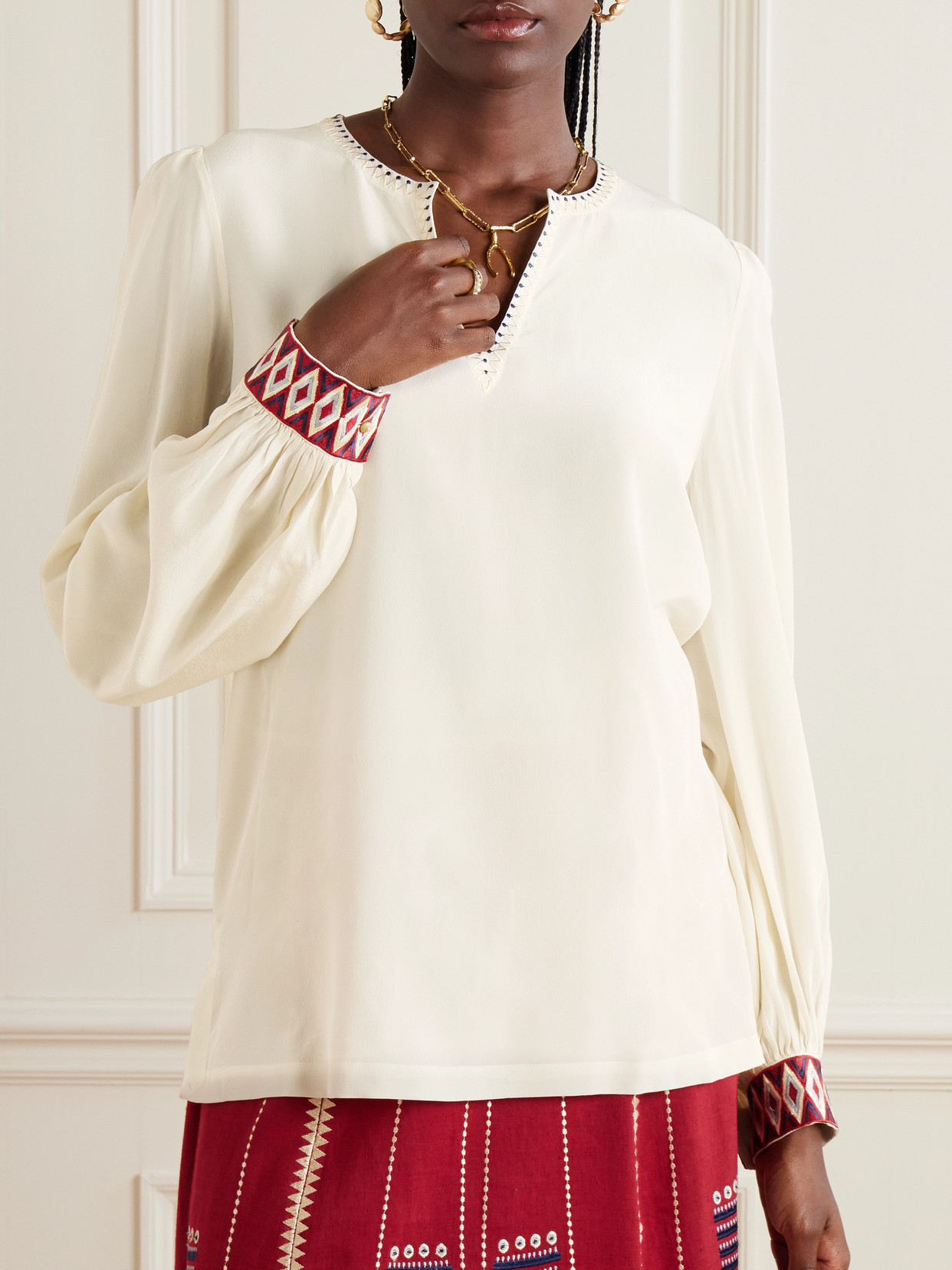 Vera Samarcanda Embroidred Silk-Chiffon Shirt