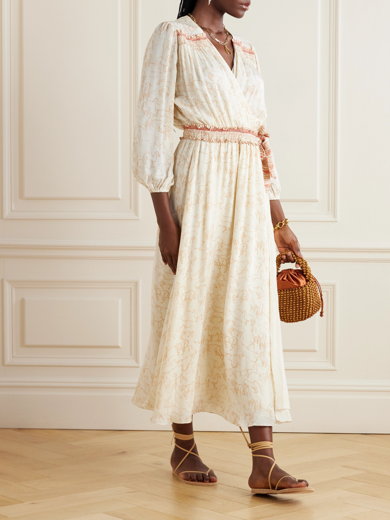 Emporio Sirenuse Lavinia Printed Silk-chiffon Midi Wrap Dress In Ivory
