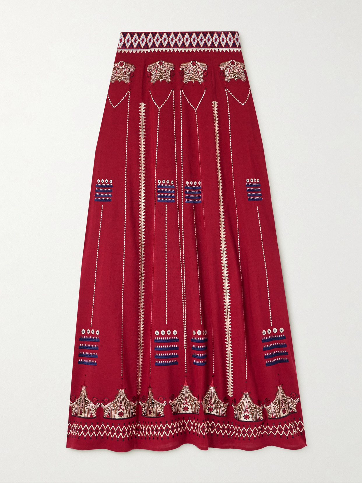 Shop Emporio Sirenuse Camille Embroidered Linen And Cotton-blend Maxi Skirt In Red