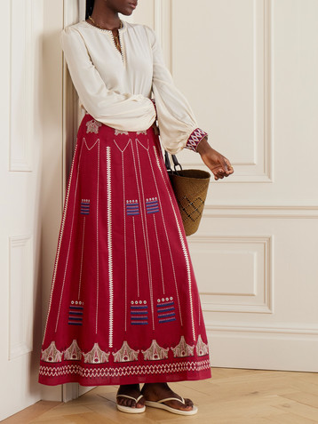 Emporio Sirenuse Camille embroidered linen and cotton-blend maxi skirt