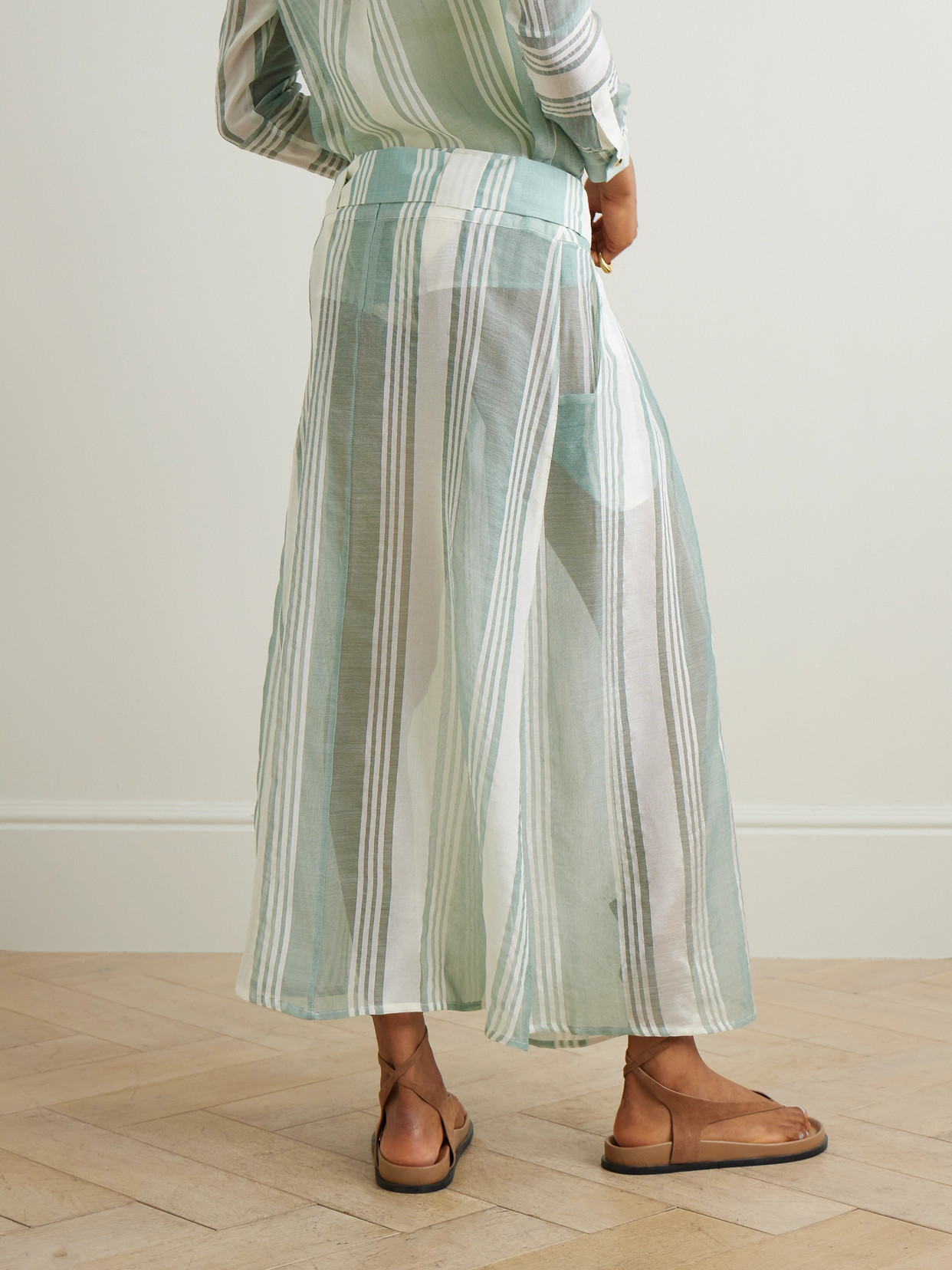 Admona Dareen Belted Striped Gauze Skirt In Green