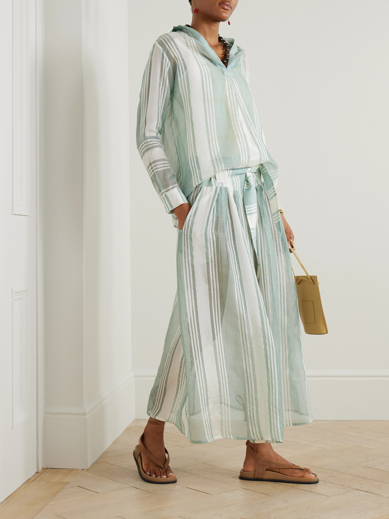 Admona Dareen Belted Striped Gauze Skirt In Green