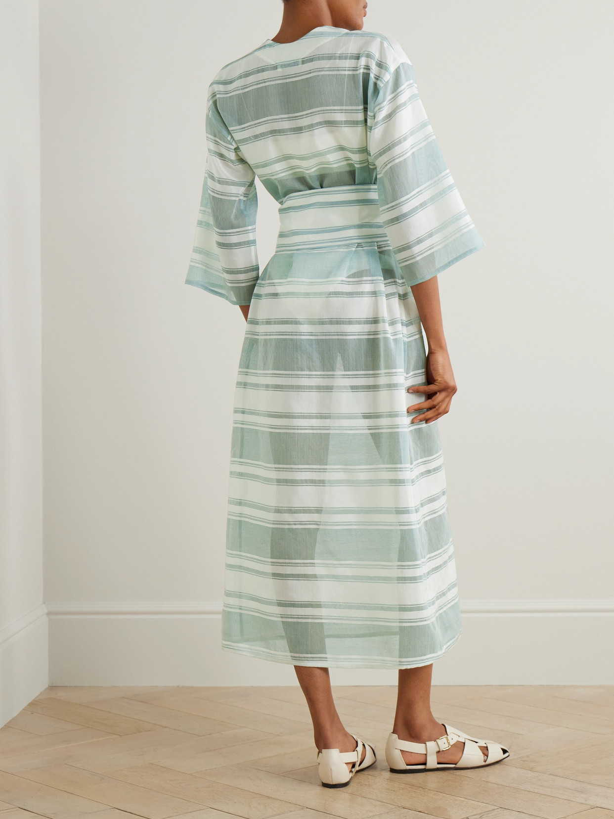 Admona Tala Belted Embellished Striped Gauze Coverup In Blue