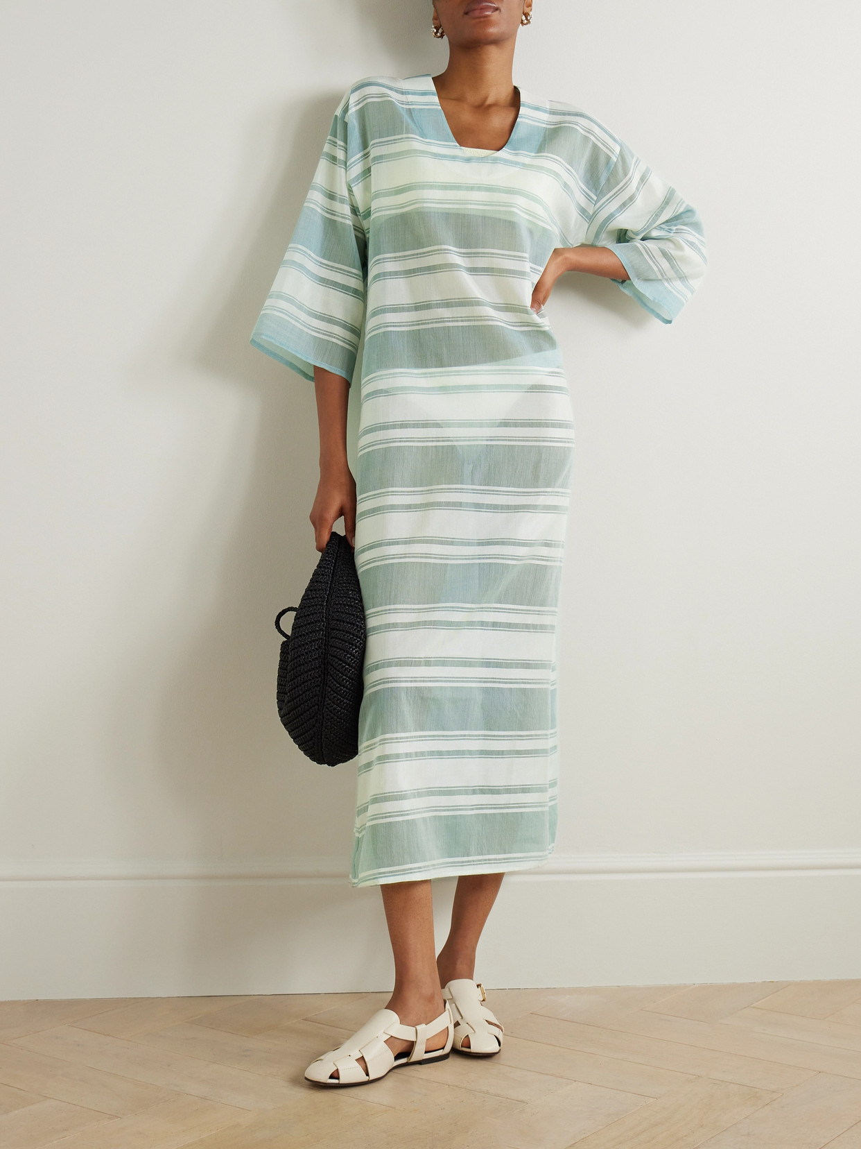 Admona Tala Belted Embellished Striped Gauze Coverup In Blue