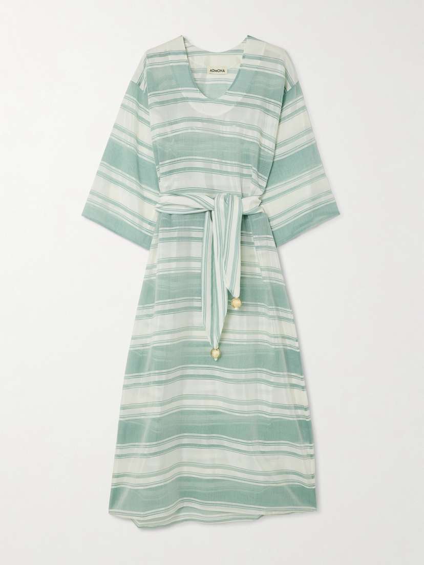 Admona Tala Belted Embellished Striped Gauze Coverup