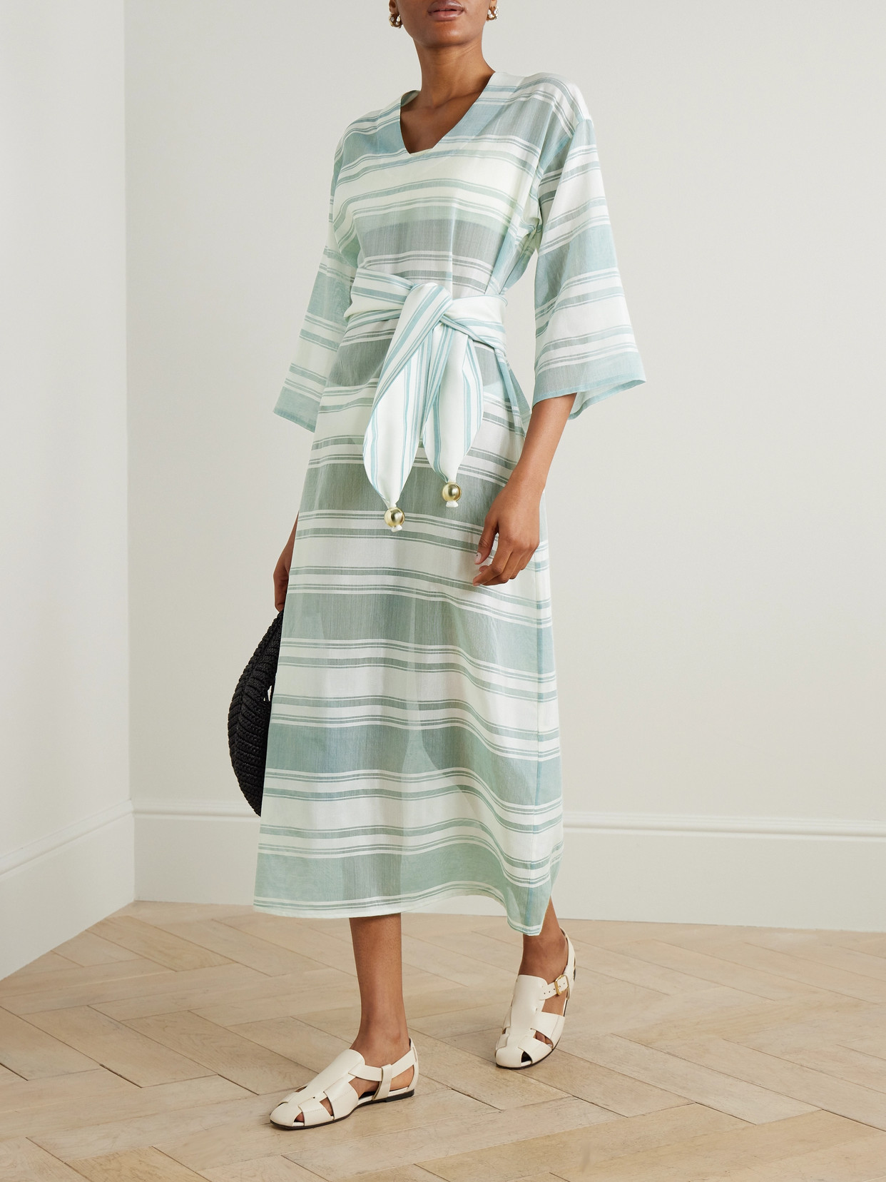 Admona Tala Belted Embellished Striped Gauze Coverup In Blue