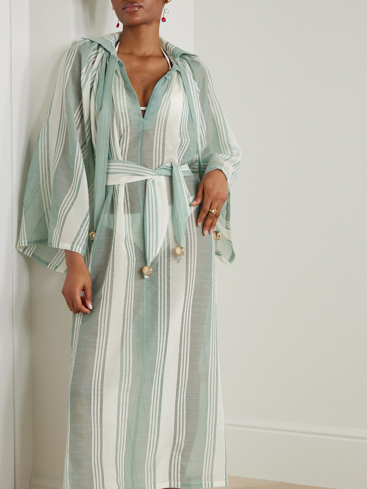 Admona Nasrin Embellished Striped Gauze Maxi Dress In Green