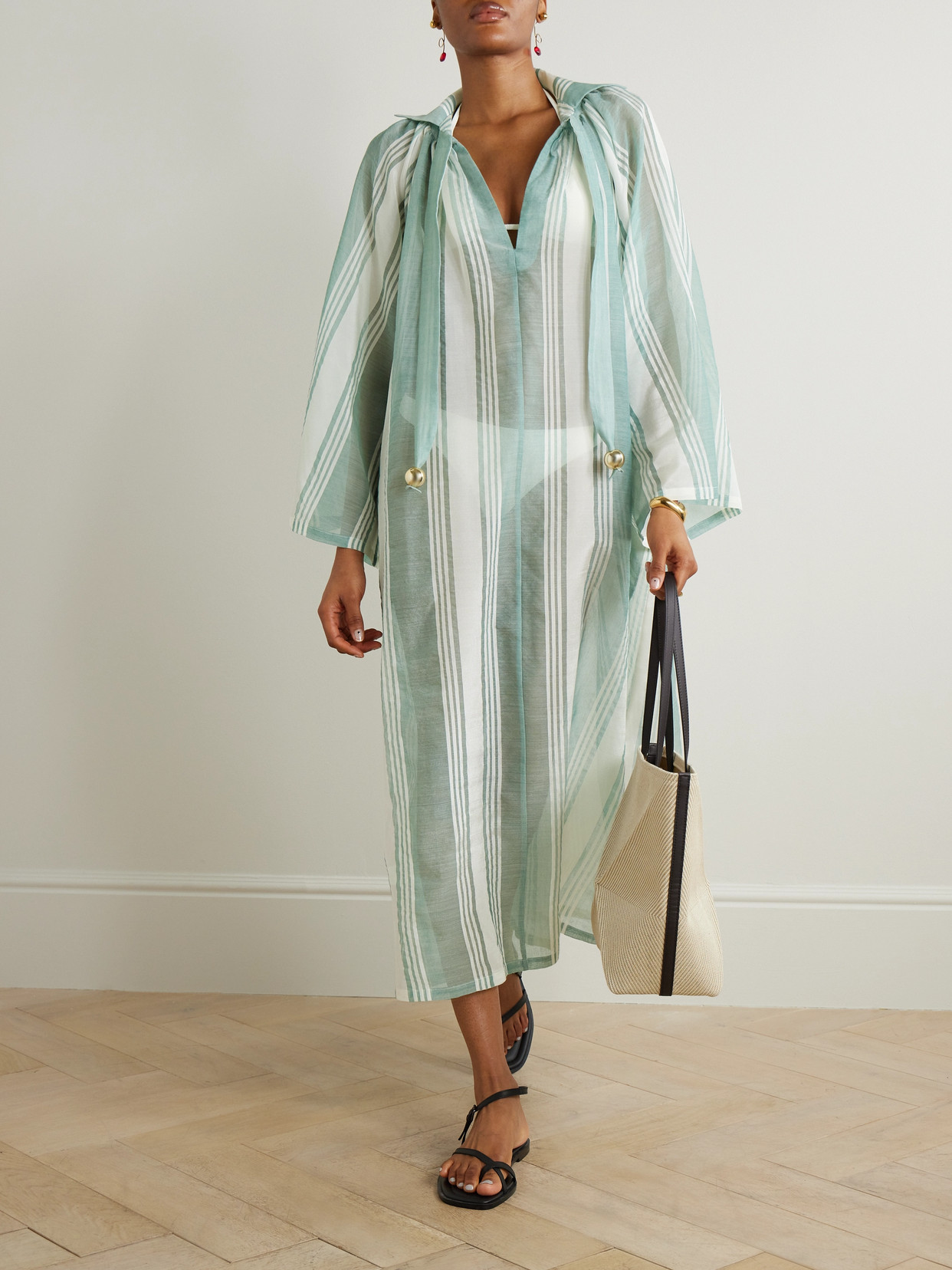 Admona Nasrin Embellished Striped Gauze Maxi Dress In Green