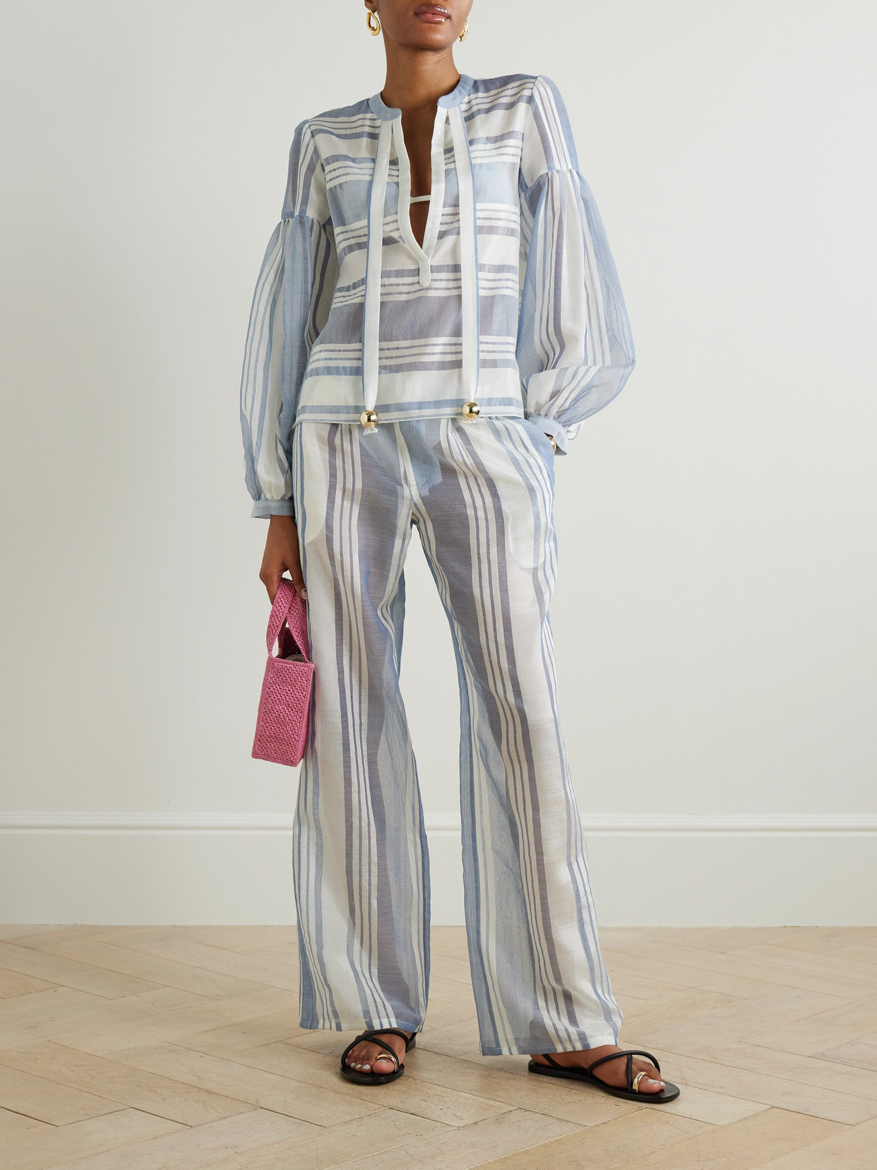 Admona Nur Striped Gauze Straight-leg Pants In Blue