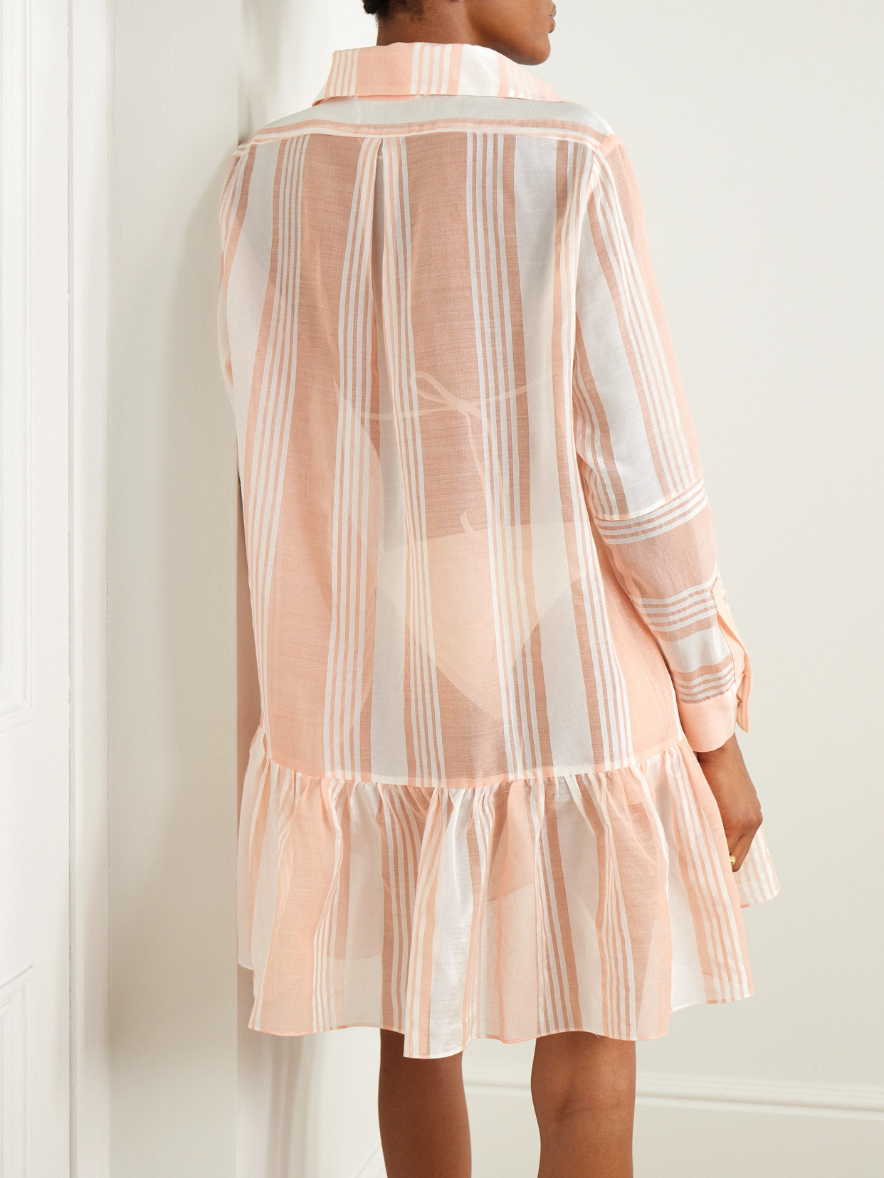 Admona Izaat Tiered Striped Gauze Mini Shirt Dress In Orange