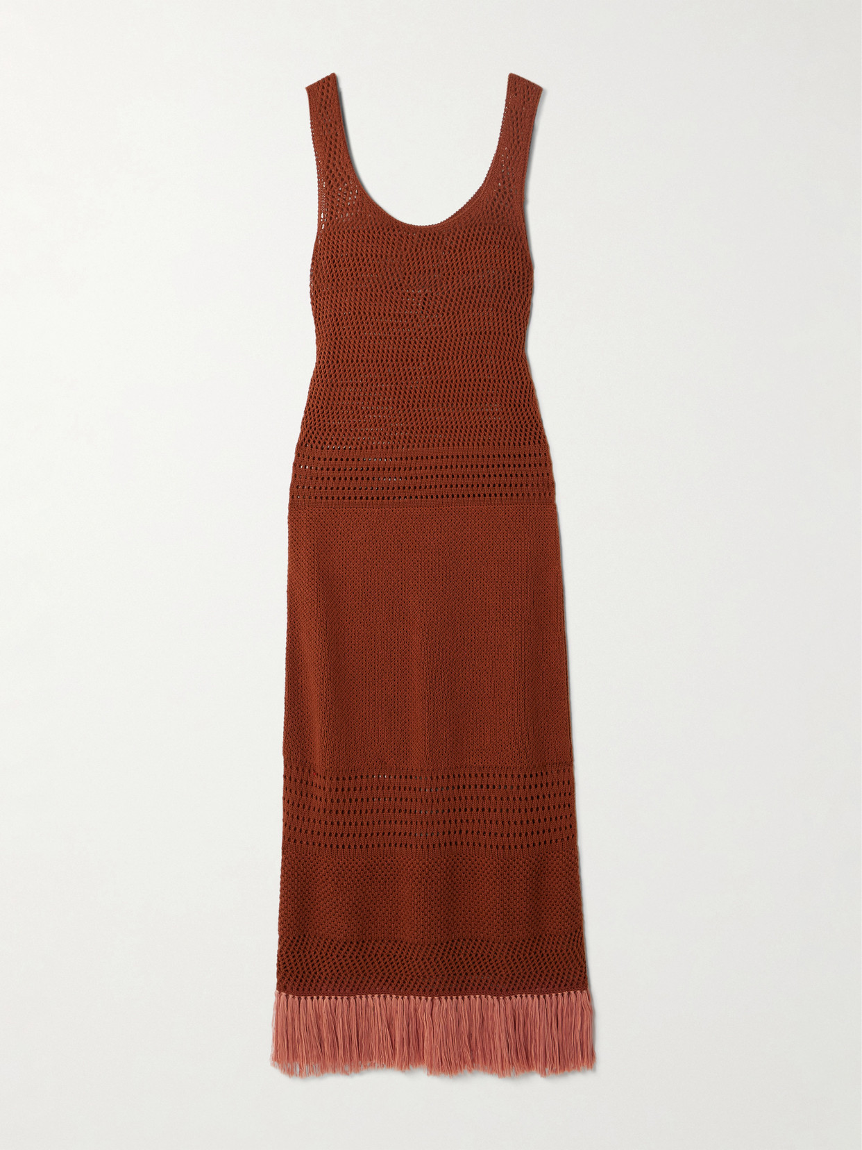 ESCVDO - Laguna Fringed Open-knit Cotton Midi Dress - Brown