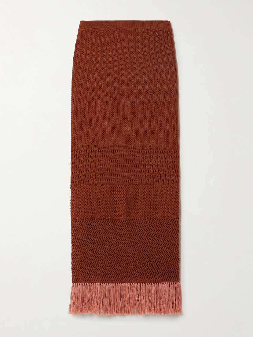 ESCVDO Carisa Fringed Open-knit Cotton Midi Skirt