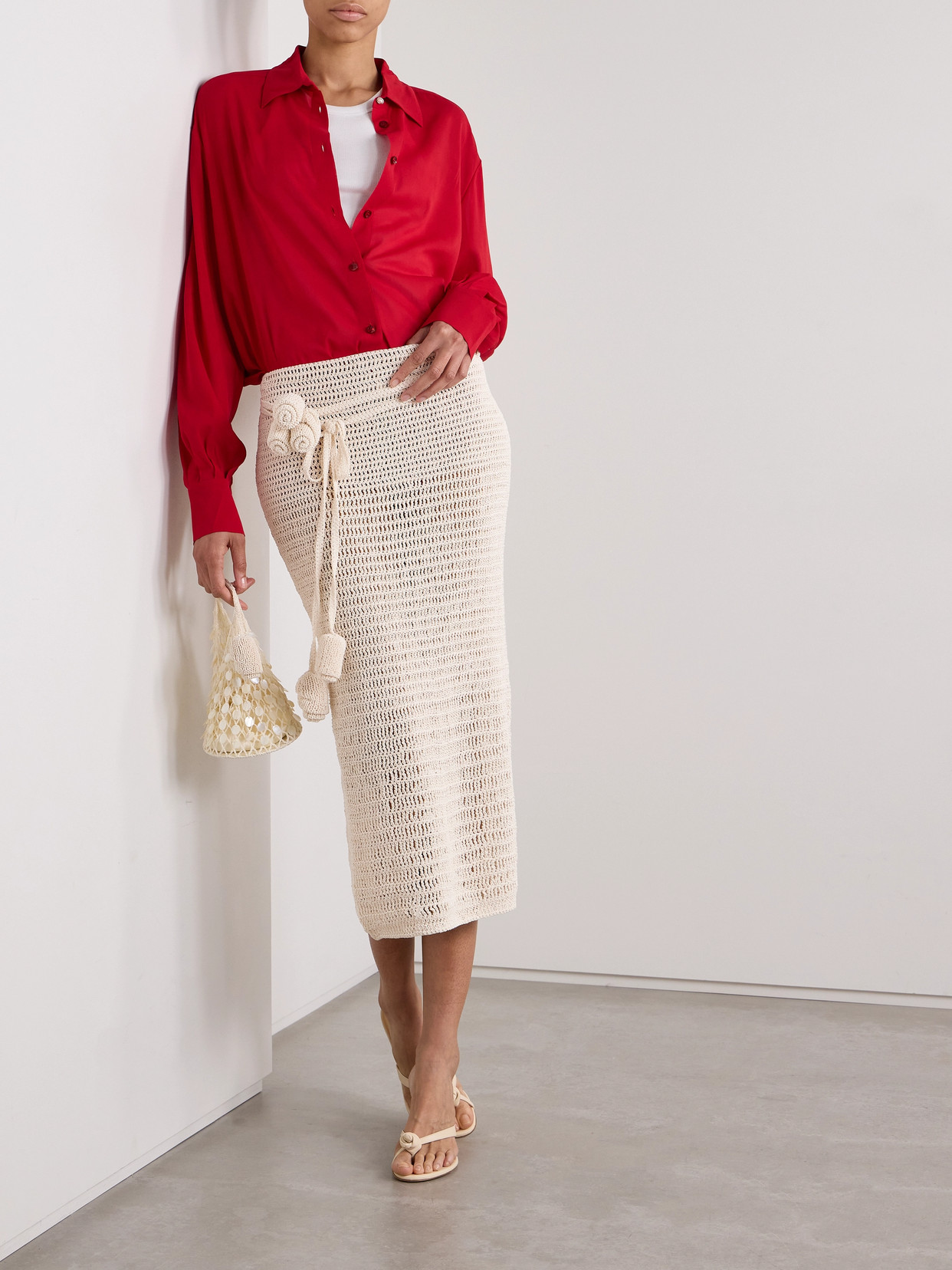 Appliquéd Crocheted Cotton-Blend Midi