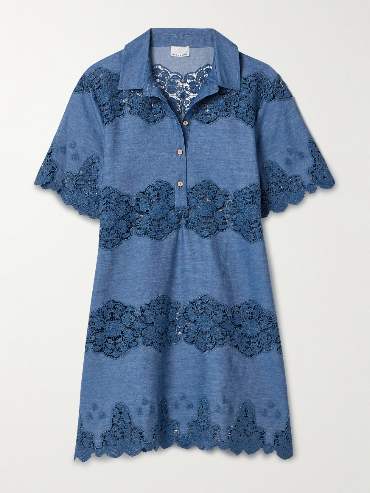 Miguelina Elle Guipure Lace-trimmed Cotton-chambray Mini Dress In Blue