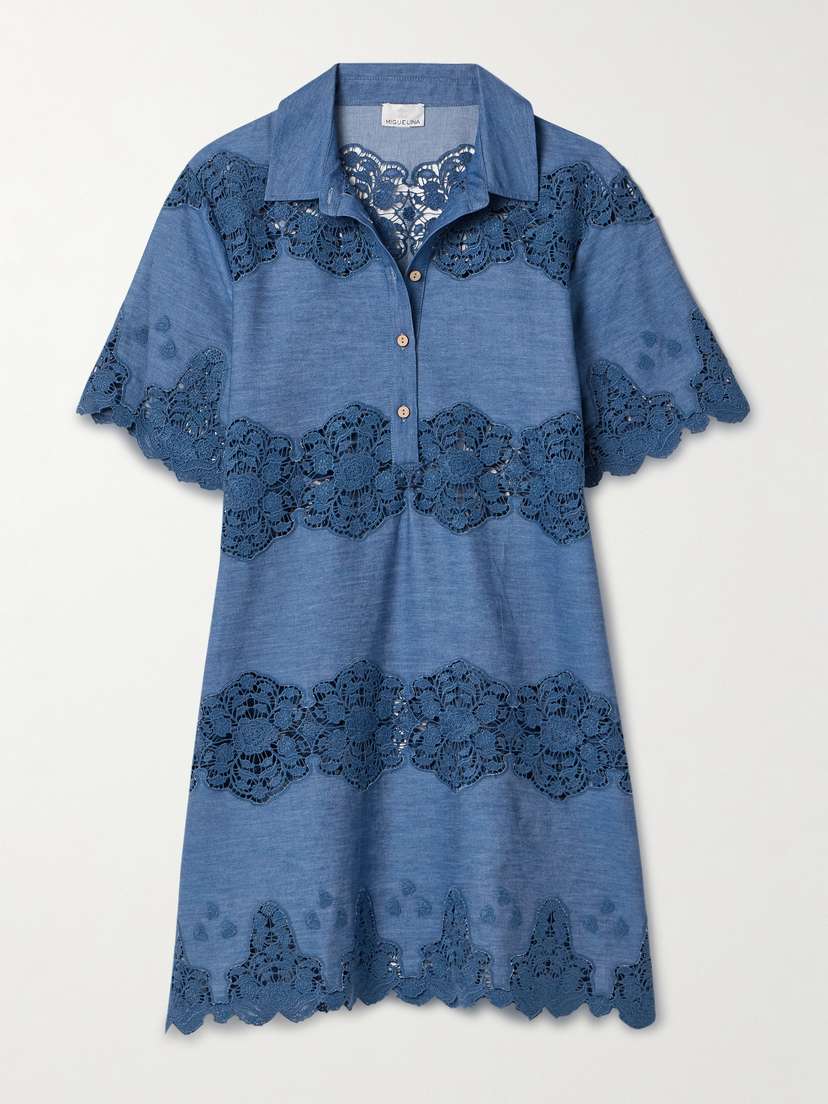 Miguelina Elle Guipure Lace-trimmed Cotton-chambray Mini Dress