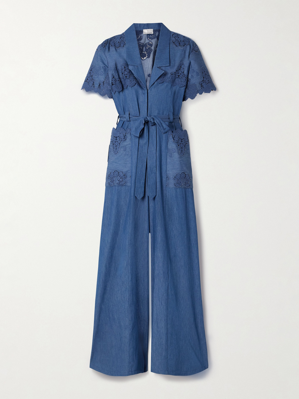 Miguelina - Tinsley Belted Guipure Lace-trimmed Cotton-chambray Jumpsuit - Blue