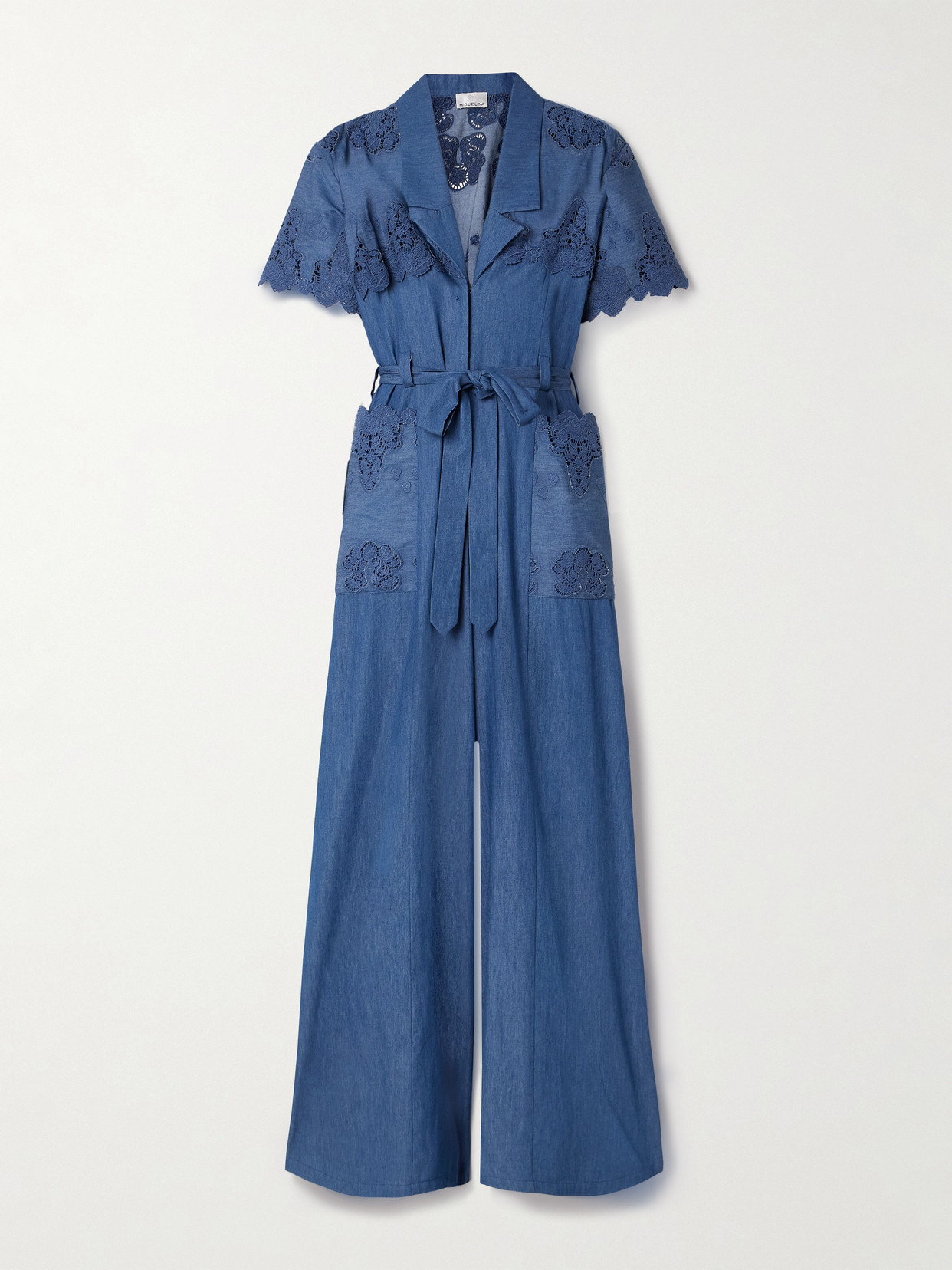 Miguelina Tinsley Belted Guipure Lace-trimmed Cotton-chambray Jumpsuit In Blue