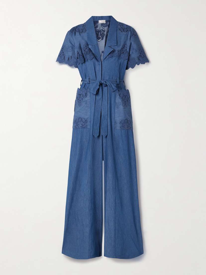 Miguelina Tinsley Belted Guipure Lace-trimmed Cotton-chambray Jumpsuit