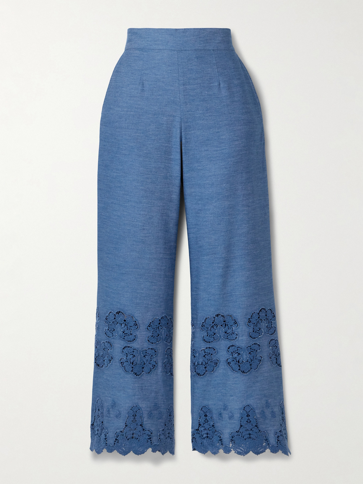 Miguelina Alegra Scalloped Guipure Lace-trimmed Cotton-chambray Flared Trousers In Blue