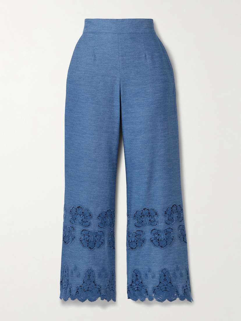Miguelina Alegra Scalloped Guipure Lace-trimmed Cotton-chambray Flared Pants