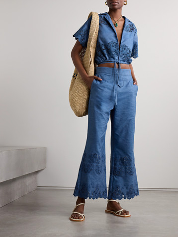 Miguelina Alegra scalloped guipure lace-trimmed cotton-chambray flared pants