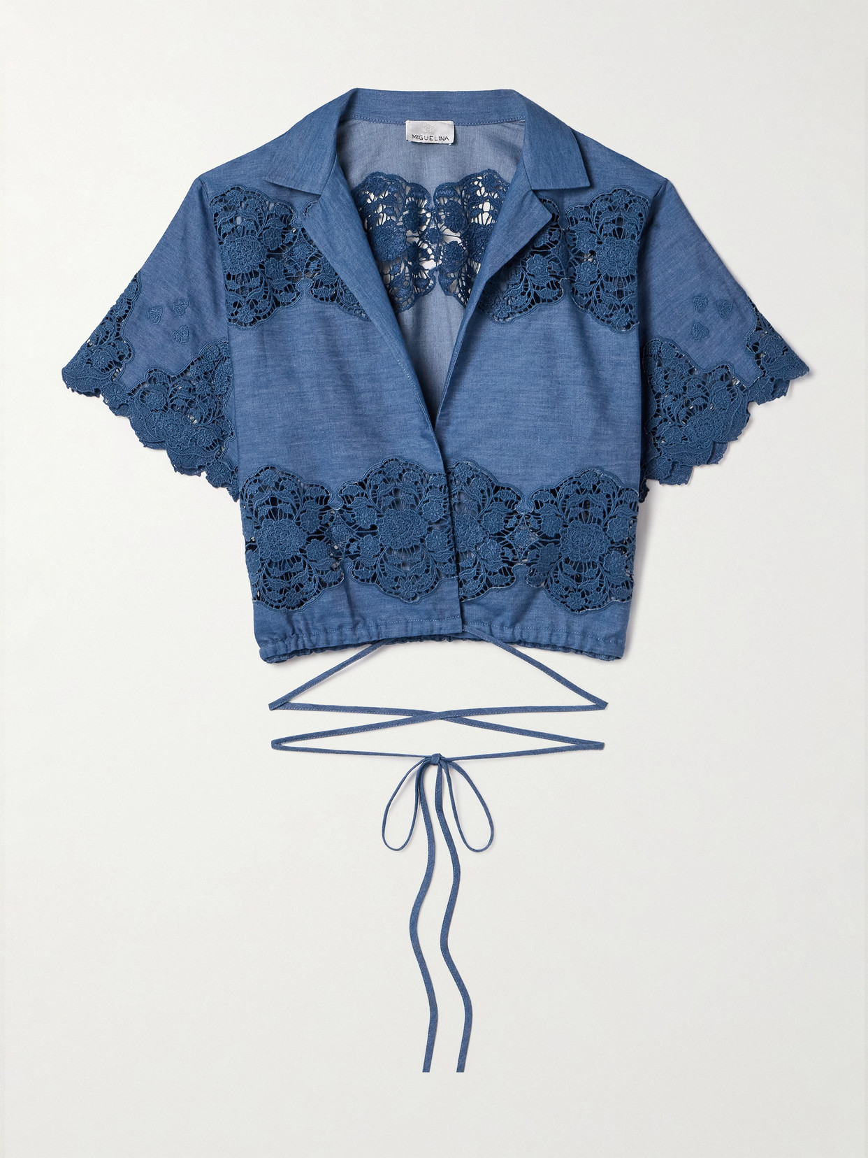 Miguelina Brooklyn Guipure Lace-trimmed Cotton-chambray Wrap Top In Blue